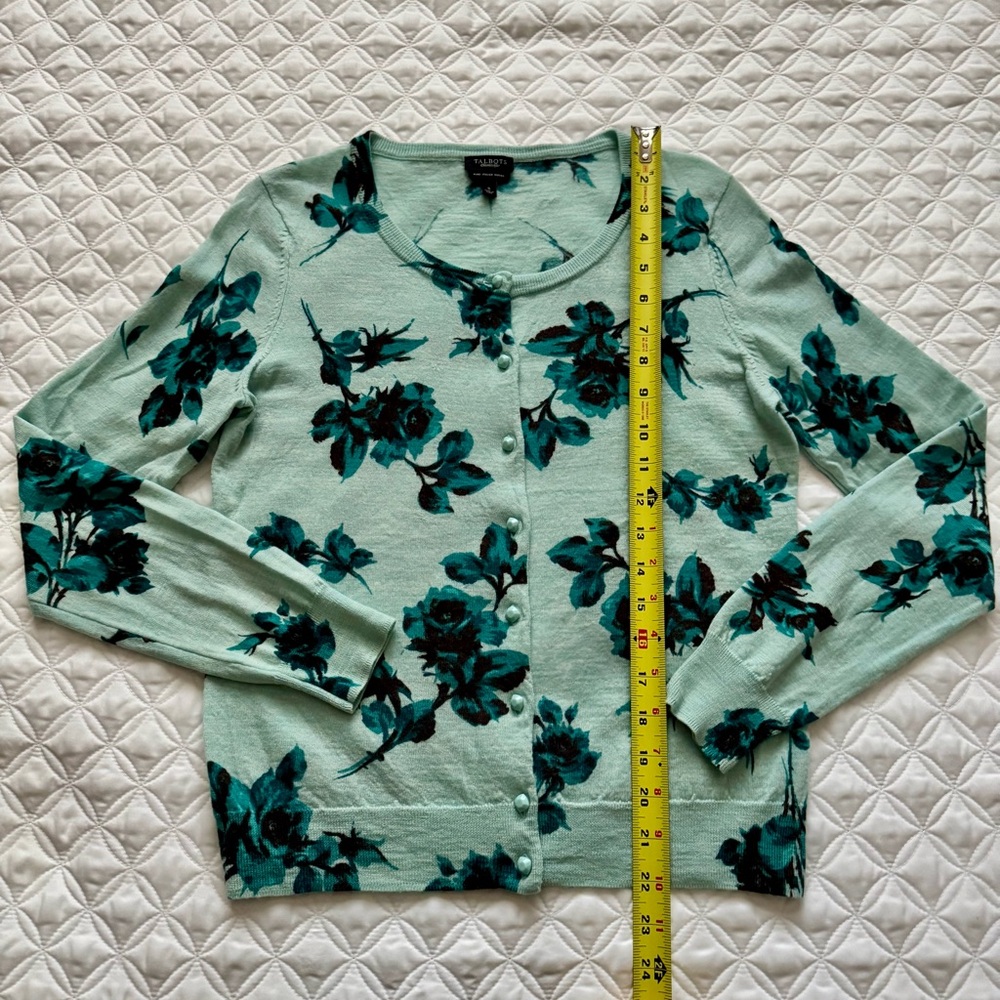 Talbots Pure Italian Merino Wool Button Down Cardigan Mint Teal Floral Size S - Picture 6 of 15